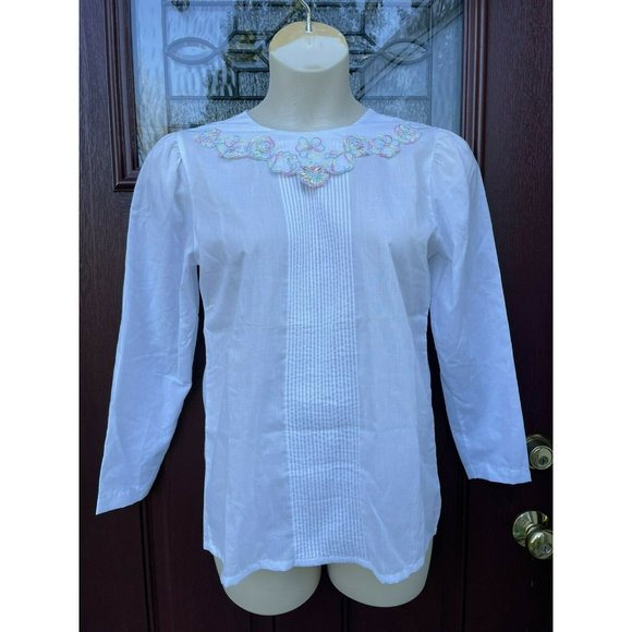 Vtg Bedford Fair Blouse Pastel Flower Collar Embroidery Secretary 80s Modest - Picture 9 of 10